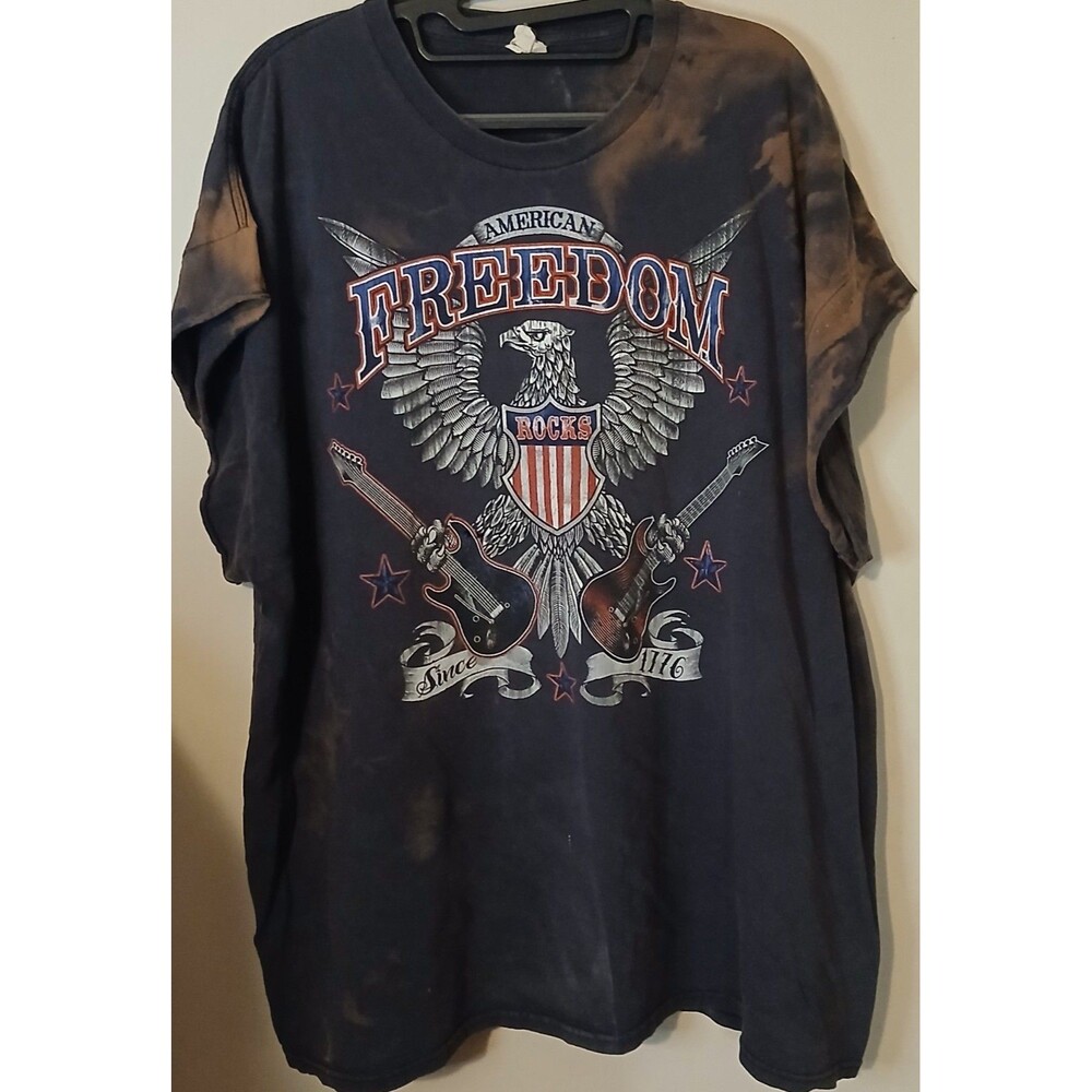 American Freedom Rocks T-Shirt Men's 2XL Eagle Guitar Acid Wash Sleeveless
